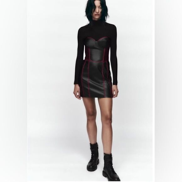 Zara Sweetheart Faux Leather Dress Size Small - Picture 1 of 3